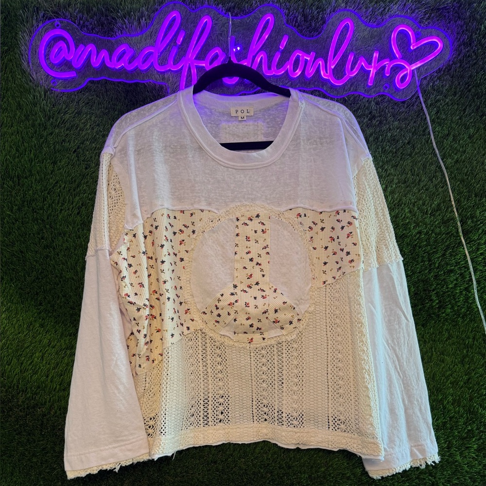 POL White Cream Patchwork Long Sleeve Top